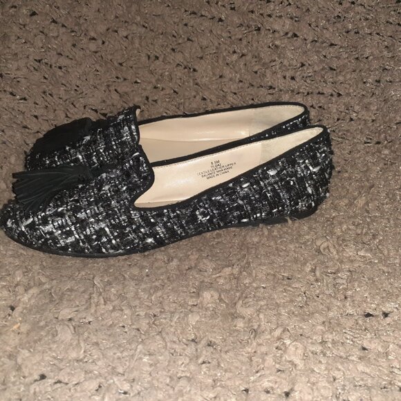 KARL LAGERFELD-Paris-Tilda 2-Black White Wool Tweed Tassel Flat-Sz 8.5-Near Mint - Picture 2 of 7